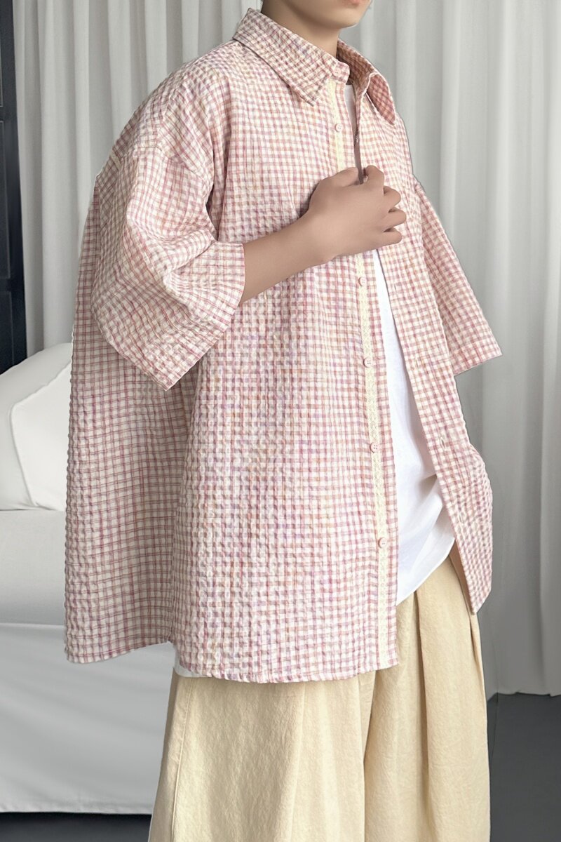 肌理泡泡纱粉色格子短袖衬衫夏季男女格纹上衣S2053-P48,男装衬衫,星座1017