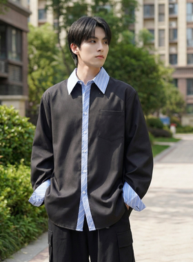 现货 高级感小众设计拼接衬衫男痞帅纯色宽松潮流衬衣 S1858-P68