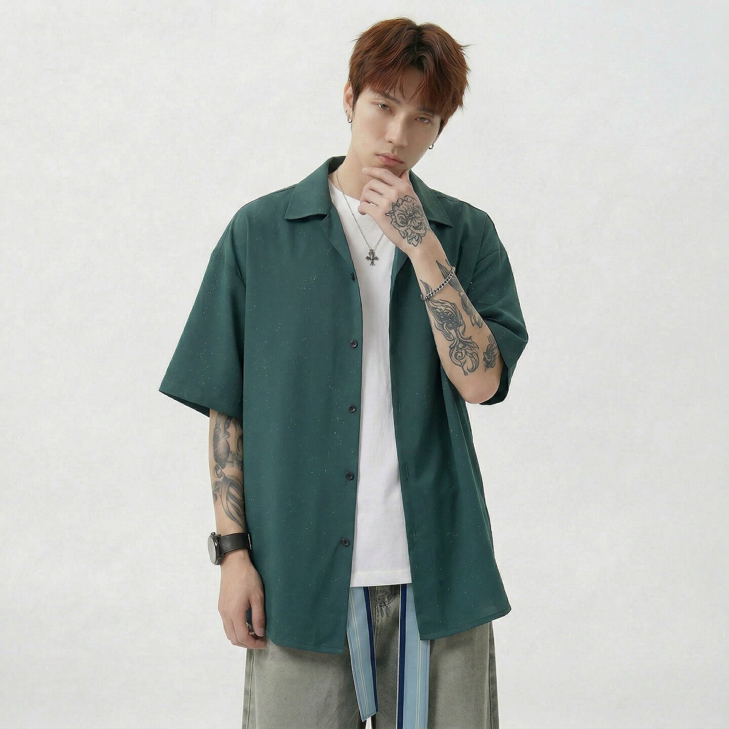 现货短袖休闲衬衫男痞帅七分袖衬衣bf港风 CS2609-P38