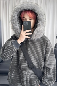 美式潮牌条纹可拆卸毛领拉链开衫卫衣男连帽情侣外套 A9026-P98图片