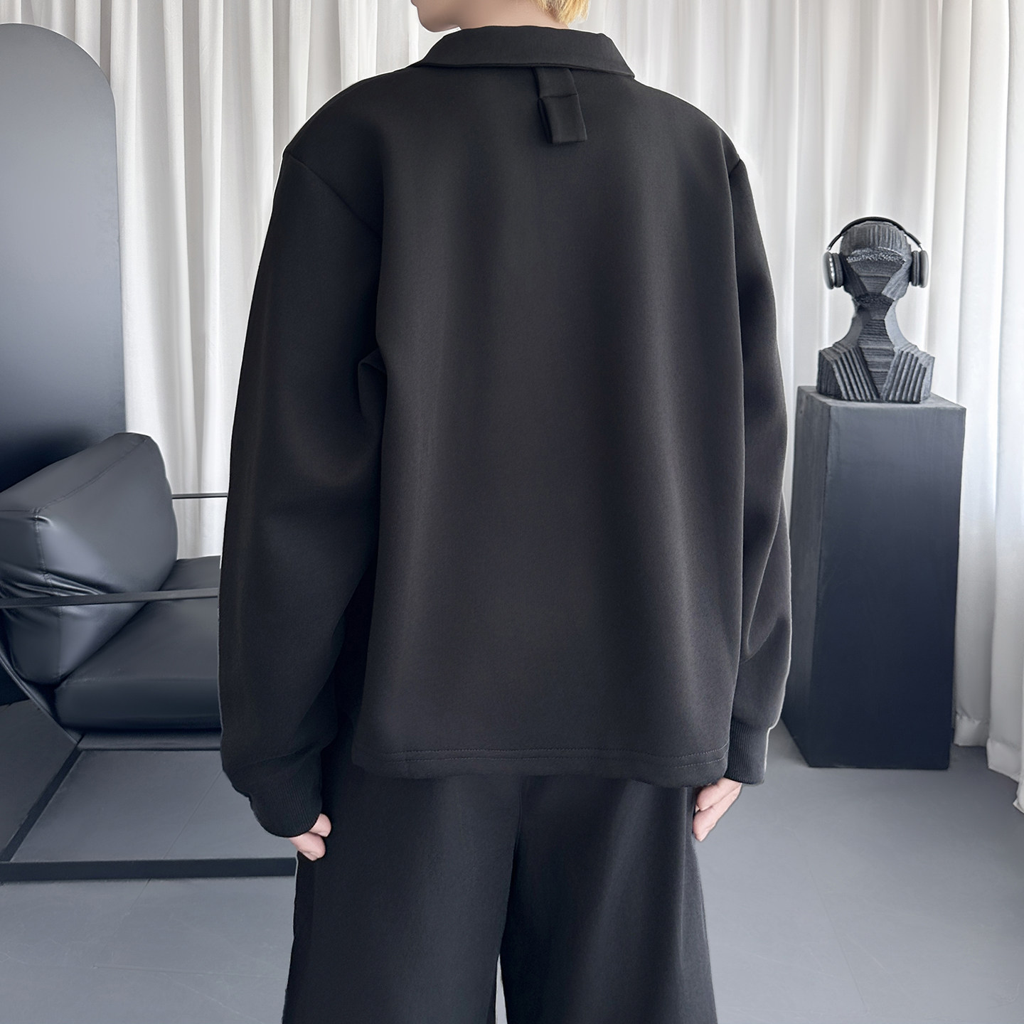 拼接V领POLO衫宽松高级长袖卫衣W2519-P78,男装Polo衫,星座1017