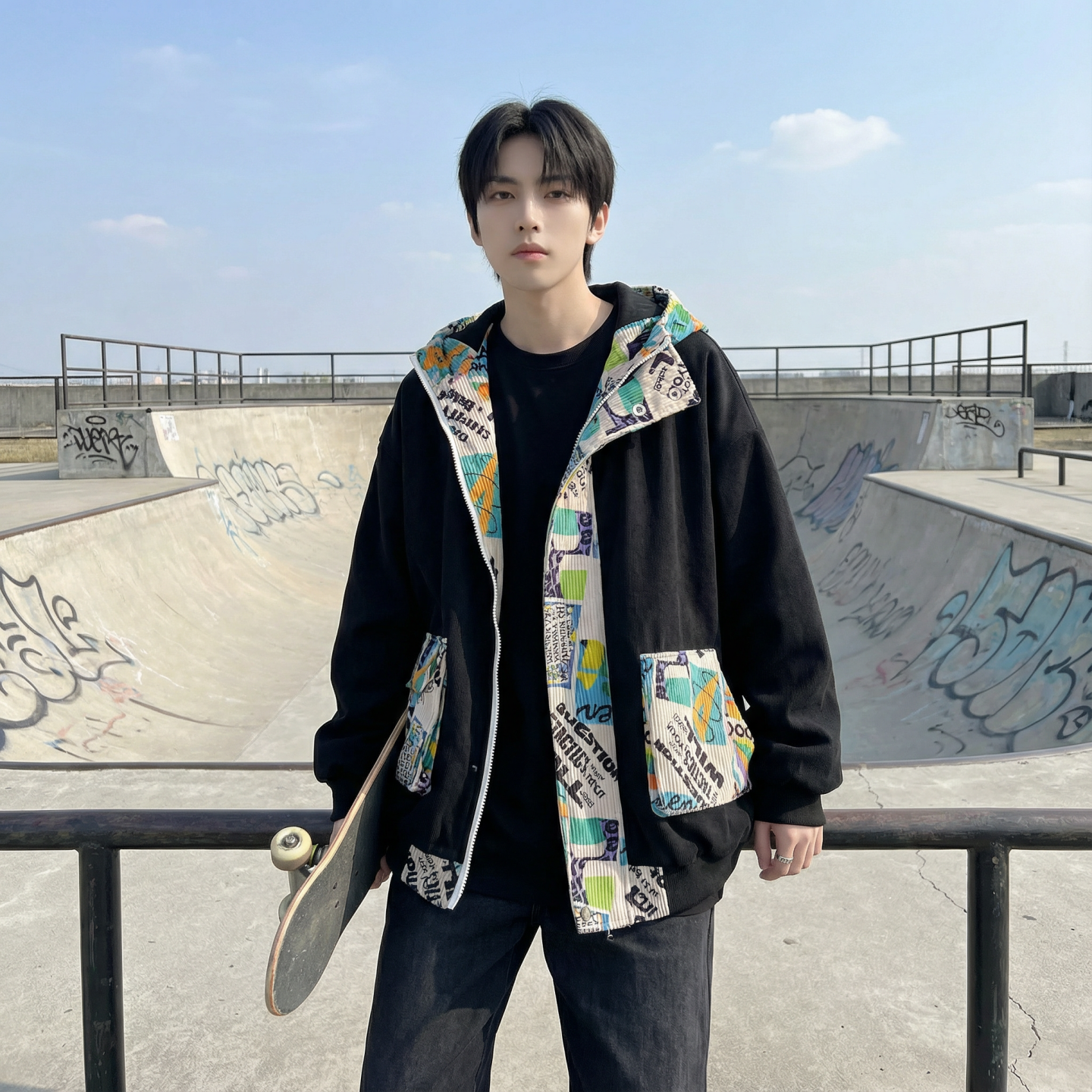 现货春款潮流涂鸦拼接夹克开衫连帽外套WT23-P75控96,男装夹克,星座1017