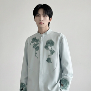 现货春款风灵芝刺绣宽松休闲立领长袖青灰色衬衣 SA783-P88图片