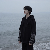 现货春季连帽卫衣男潮牌ins假两件拼接格子慵懒风W8212-P68，男装卫衣，星座1017