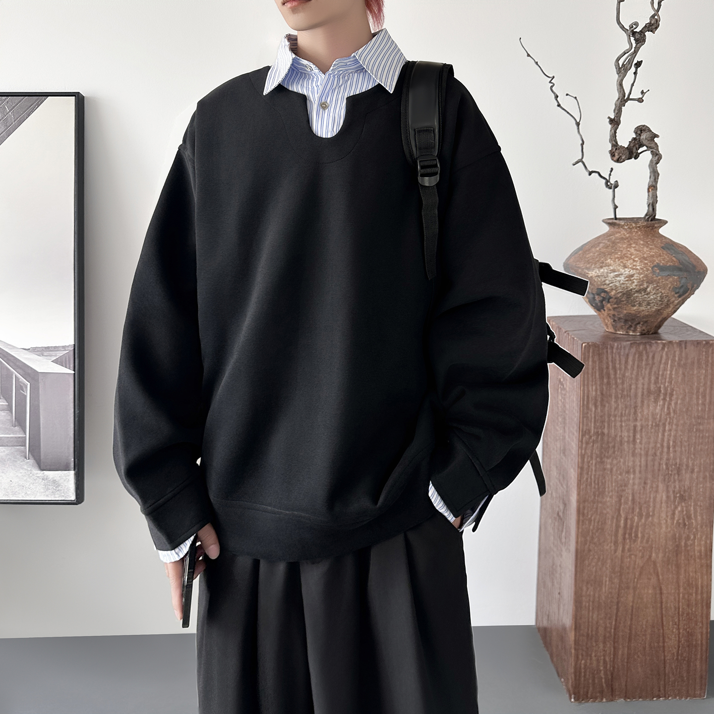 现货美式衬衫领拼条纹假两件卫衣男设计感潮流W7121-P78,男装衬衫,星座1017 现货美式衬衫领拼条纹假两件卫衣男设计感潮流W7121-P78,男装衬衫,星座1017