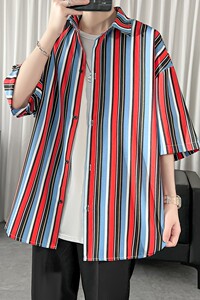 夏季条纹短袖衬衫男宽松港风复古五分袖衬衣外套潮 1017-CC26-P38图片