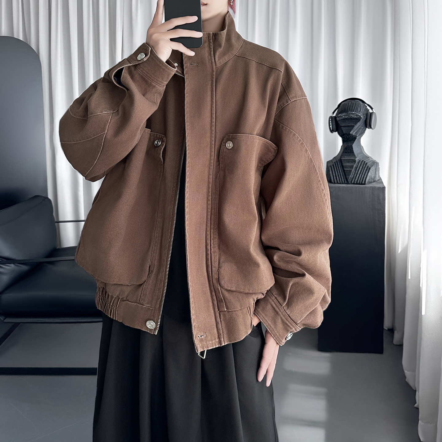 美式复古cleanfit风立领短款夹克立体大口袋情侣外套Q7175-P128，男装夹克，星座1017