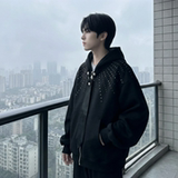 现货烫钻可拆卸领带设计连帽卫衣重磅细闪宽松慵懒外套W2056-P89，女装短外套，星座1017