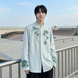 现货春款风灵芝刺绣宽松休闲立领长袖青灰色衬衣SA783-P88，男装衬衫，星座1017