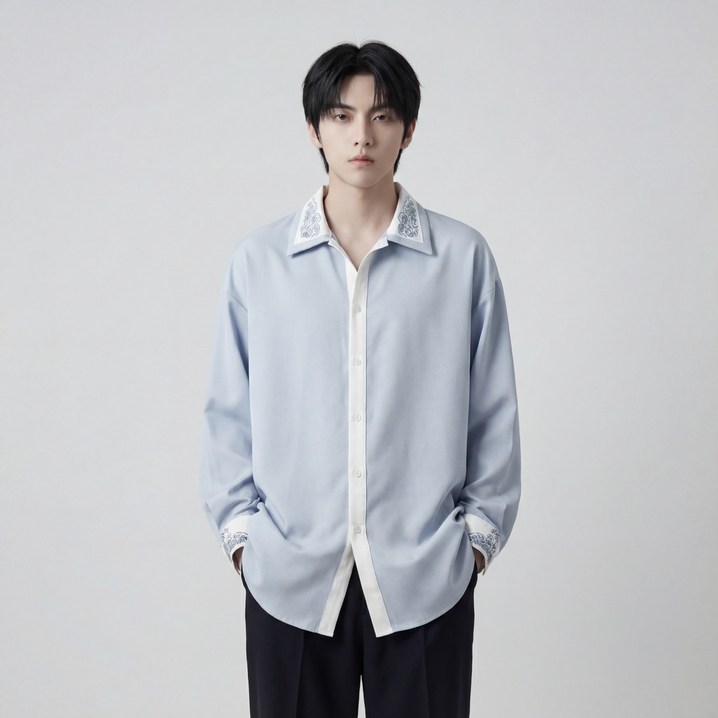 现货潮衬衫小众刺绣长袖衬衣新中式情侣外套DY877-P68，男装衬衫，星座1017