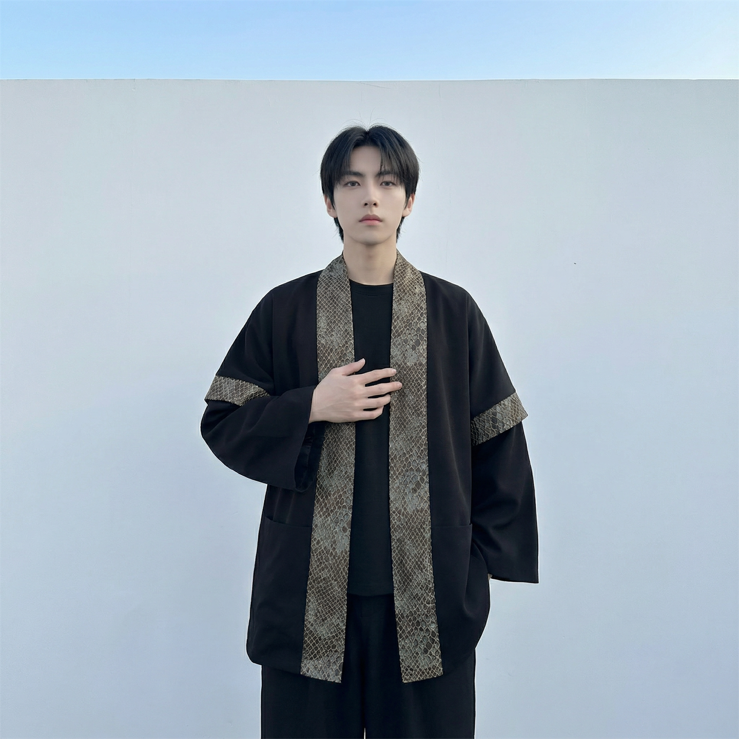 现货春秋风蟒纹印花拼接男士道袍汉服D3206-P78，男装民族服装，星座1017