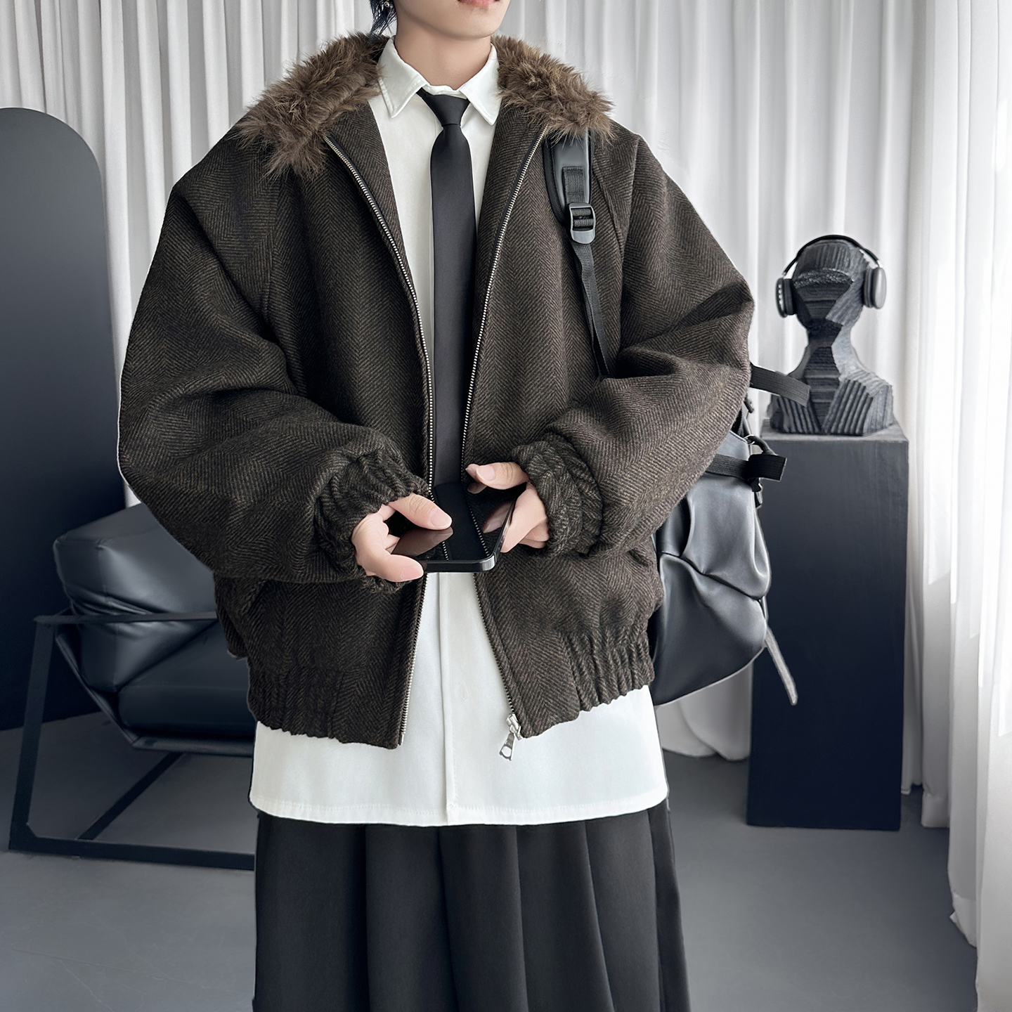 毛领哈灵顿廓形立领老钱风秋冬棉服夹克W6496-P138，男装夹克，星座1017