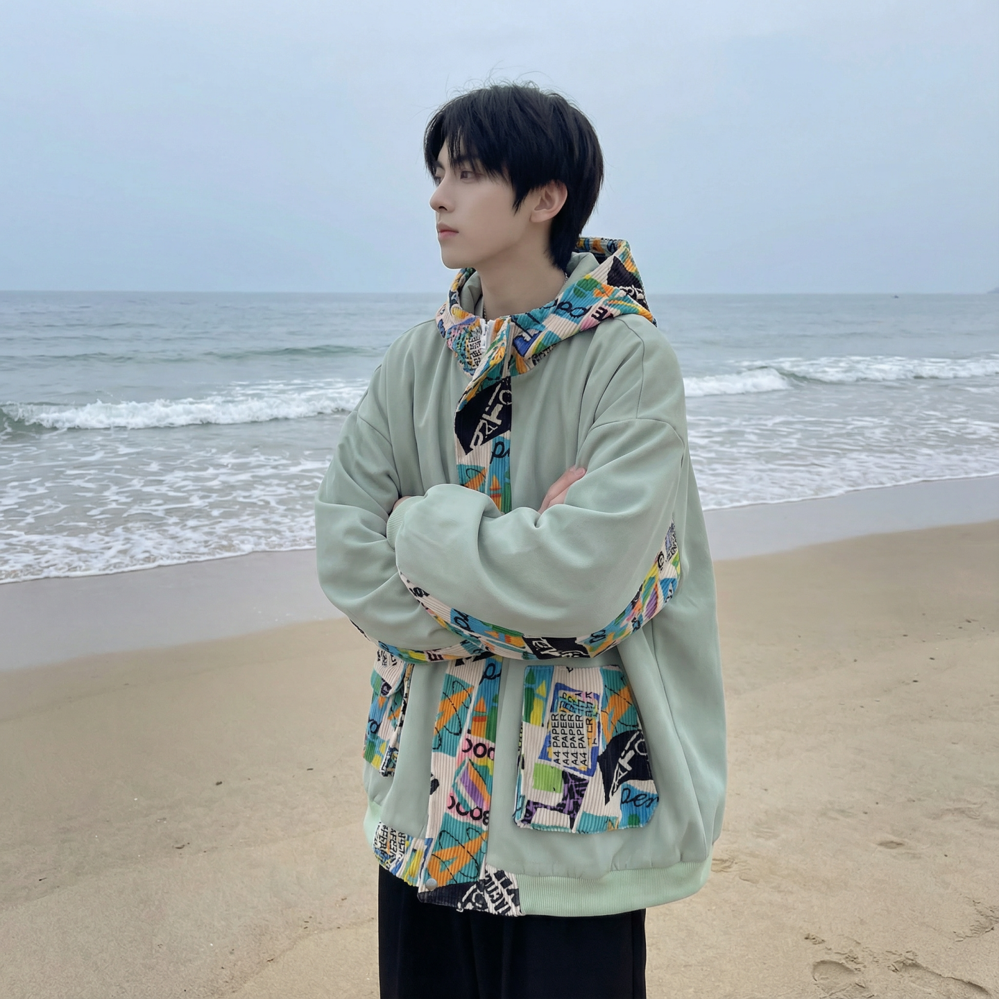 现货春款潮流涂鸦拼接夹克开衫连帽外套WT23-P75控96,男装夹克,星座1017