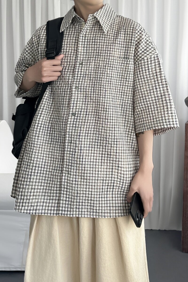 肌理泡泡纱粉色格子短袖衬衫夏季男女格纹上衣S2053-P48,男装衬衫,星座1017