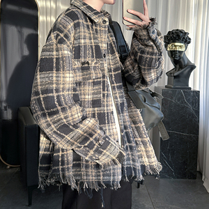 现货复古美式格子宽松毛边长袖衬衫 DS245-P58图片