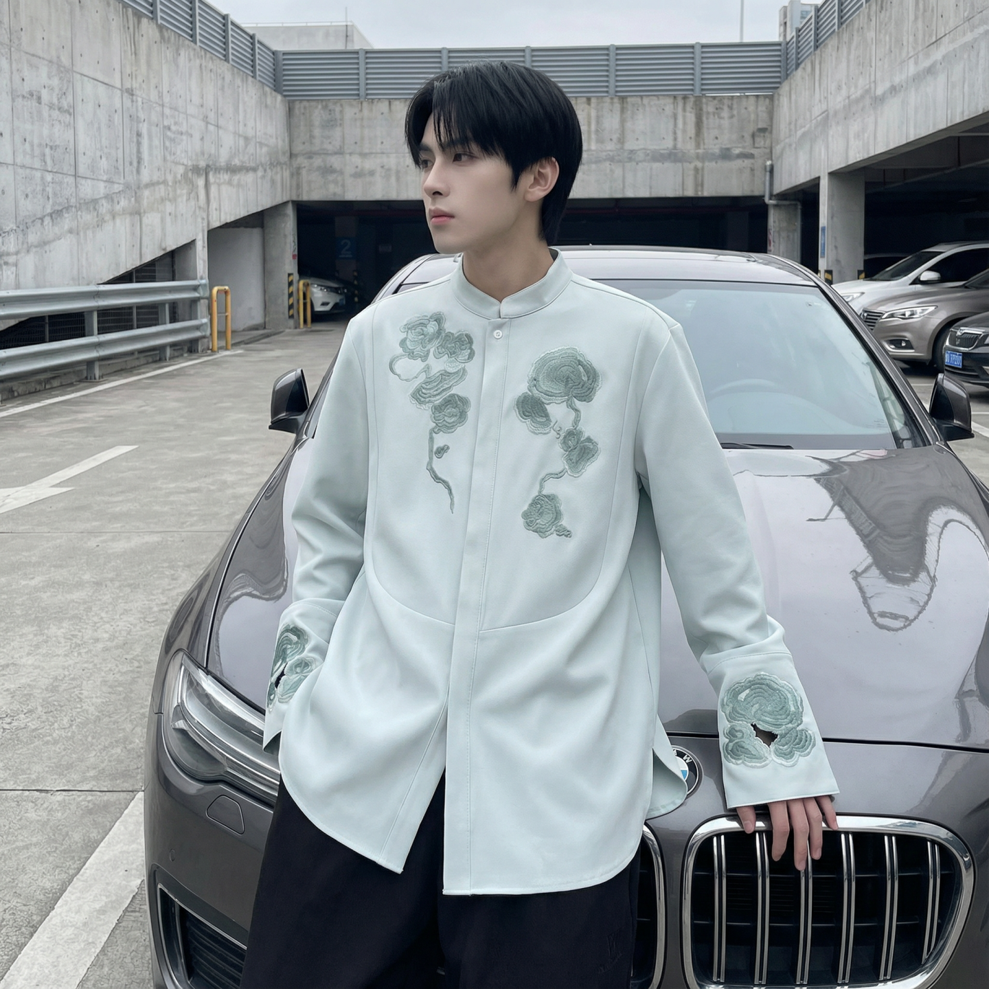 现货春款风灵芝刺绣宽松休闲立领长袖青灰色衬衣SA783-P88，男装衬衫，星座1017