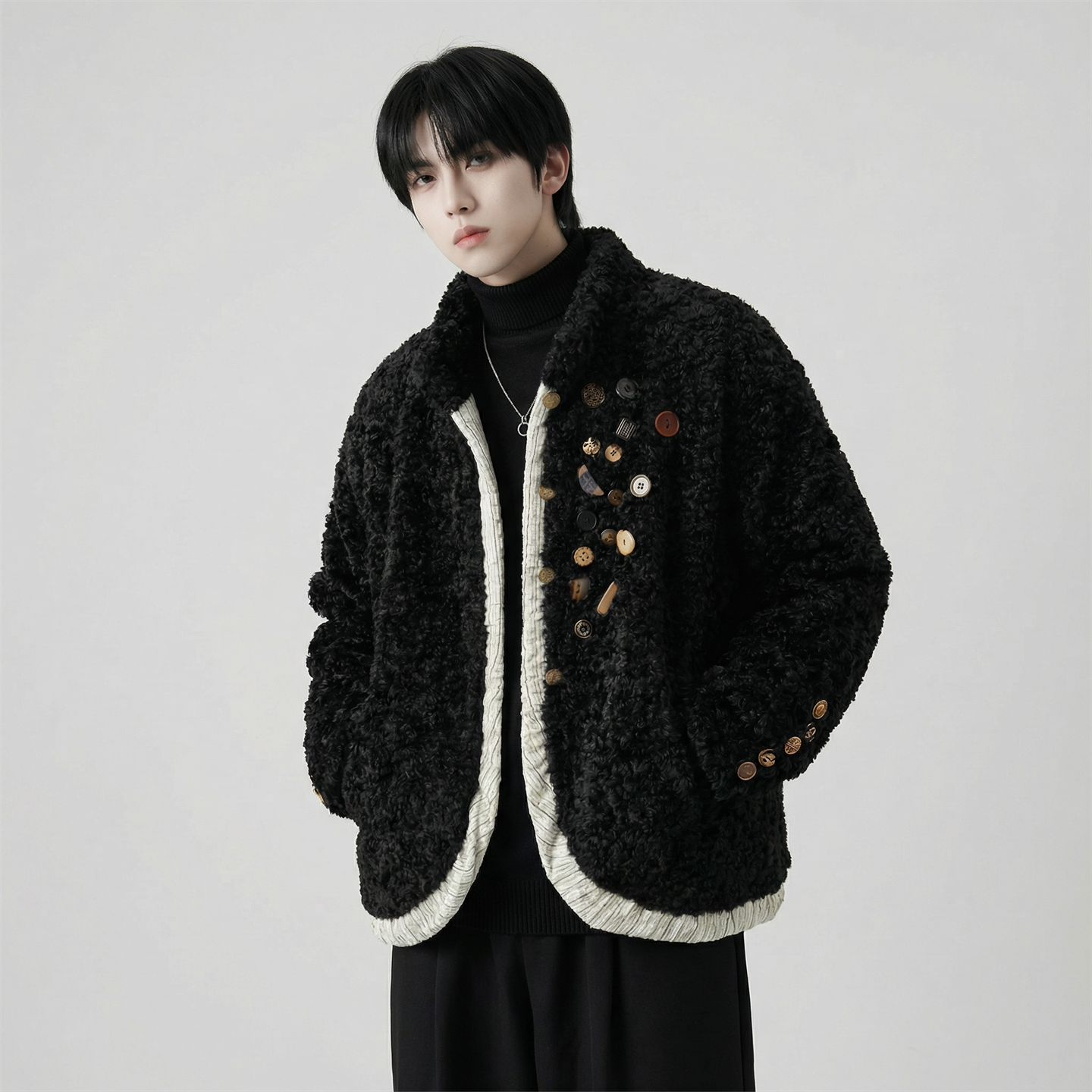 现货手工制扣古布保暖上衣设计感小众羊羔绒外套M7811-P128，男装棉衣，星座1017