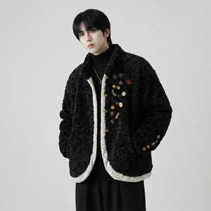 现货 手工制扣古布保暖上衣设计感小众羊羔绒外套 M7811-P128，男装棉衣，星座1017