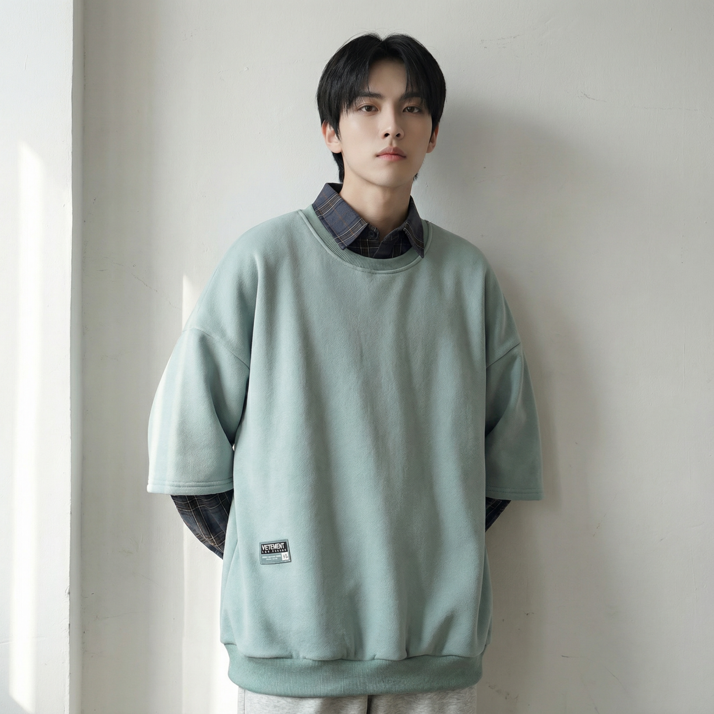 现货2026春款假两件卫衣衬衫领复古vibe格子美式外套A5613-P65，男装衬衫，星座1017