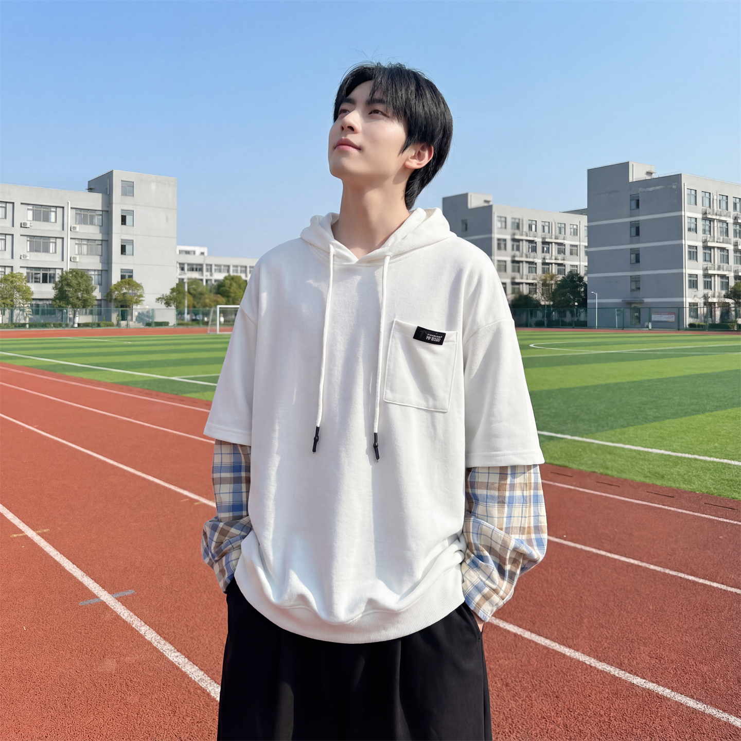 现货春季连帽卫衣男潮牌ins假两件拼接格子慵懒风W8212-P68，男装卫衣，星座1017