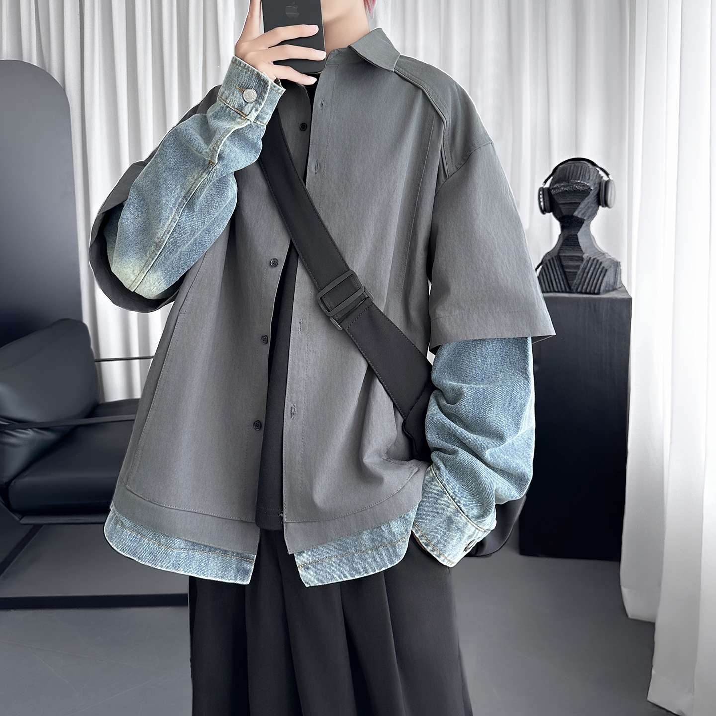 牛仔拼接外套男痞帅街头假两件上衣ins D2809-P108，女装短外套，星座1017