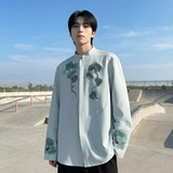 现货春款风灵芝刺绣宽松休闲立领长袖青灰色衬衣SA783-P88，男装衬衫，星座1017