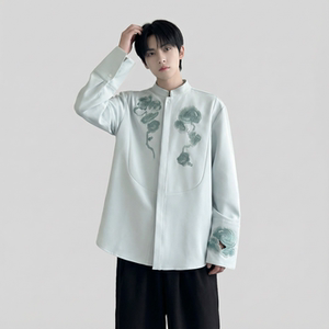 现货春款风灵芝刺绣宽松休闲立领长袖青灰色衬衣 SA783-P88图片