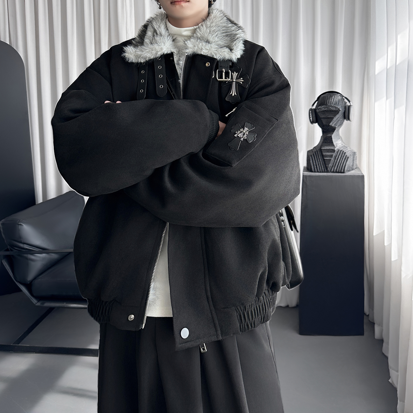 复古美拉德肌理感外套冬季宽松十字架贴皮刺绣棉服M6025-P148，男装棉衣，星座1017