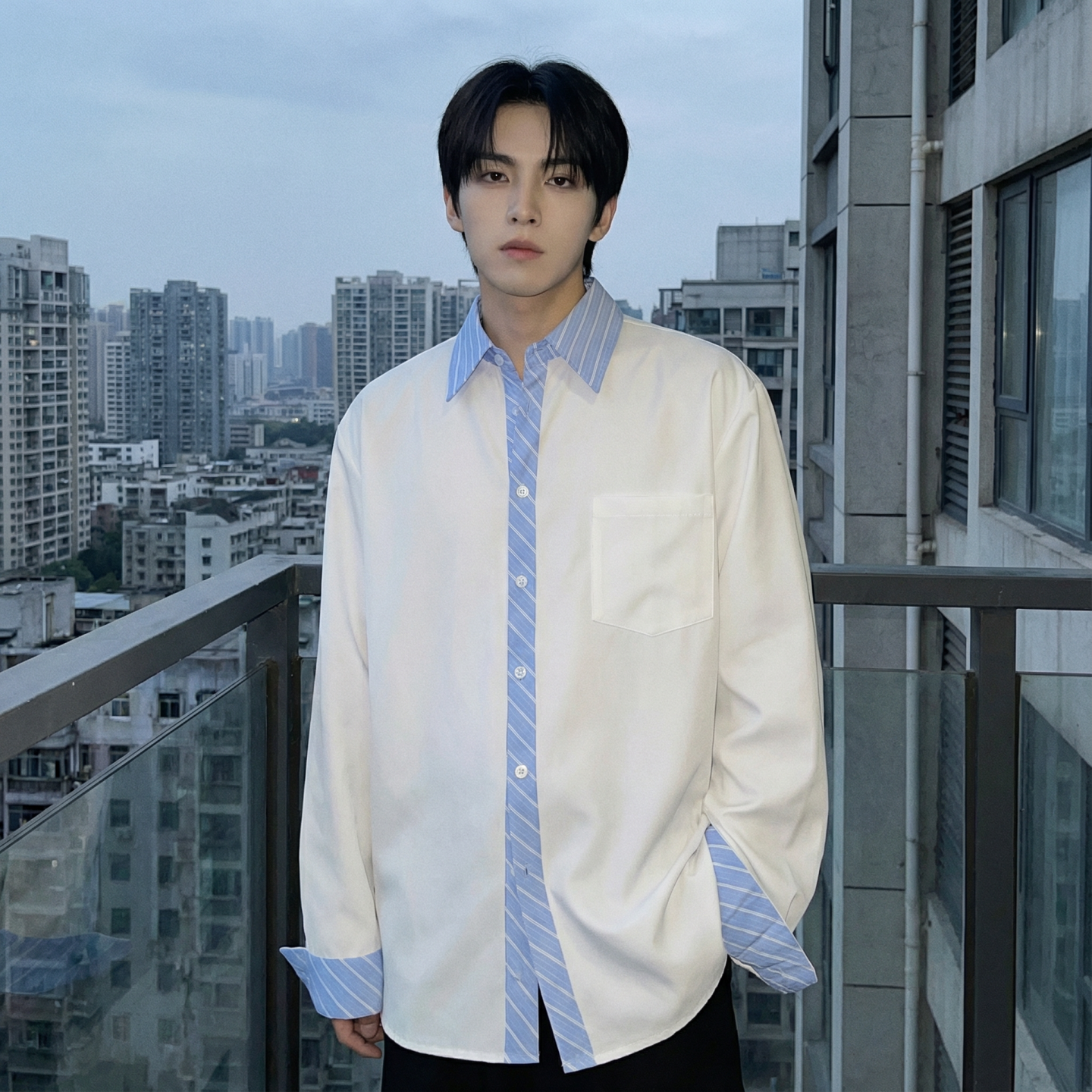 现货高级感小众设计拼接衬衫男痞帅纯色宽松潮流衬衣S1858-P68，男装衬衫，星座1017