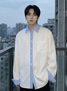 现货 高级感小众设计拼接衬衫男痞帅纯色宽松潮流衬衣 S1858-P68