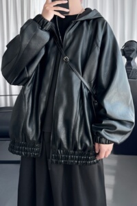 复古连帽皮衣外套男款秋季潮牌机车痞帅皮夹克外套女 Q1562-P128图片