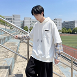 现货春季连帽卫衣男潮牌ins假两件拼接格子慵懒风W8212-P68，男装卫衣，星座1017