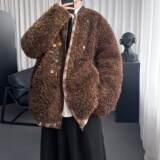 复古棕色羊羔毛绒加厚外套秋冬季美拉德摇粒绒棒球服M0992-P138，女装短外套，星座1017