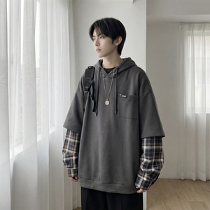 现货 春季连帽卫衣男潮牌ins假两件拼接格子慵懒风 W8212-P68图片
