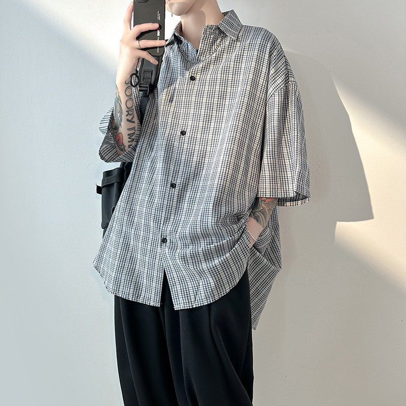 2023格子衬衫男高级感短袖休闲宽松衬衣1017-CC113-P38,男装衬衫,星座1017