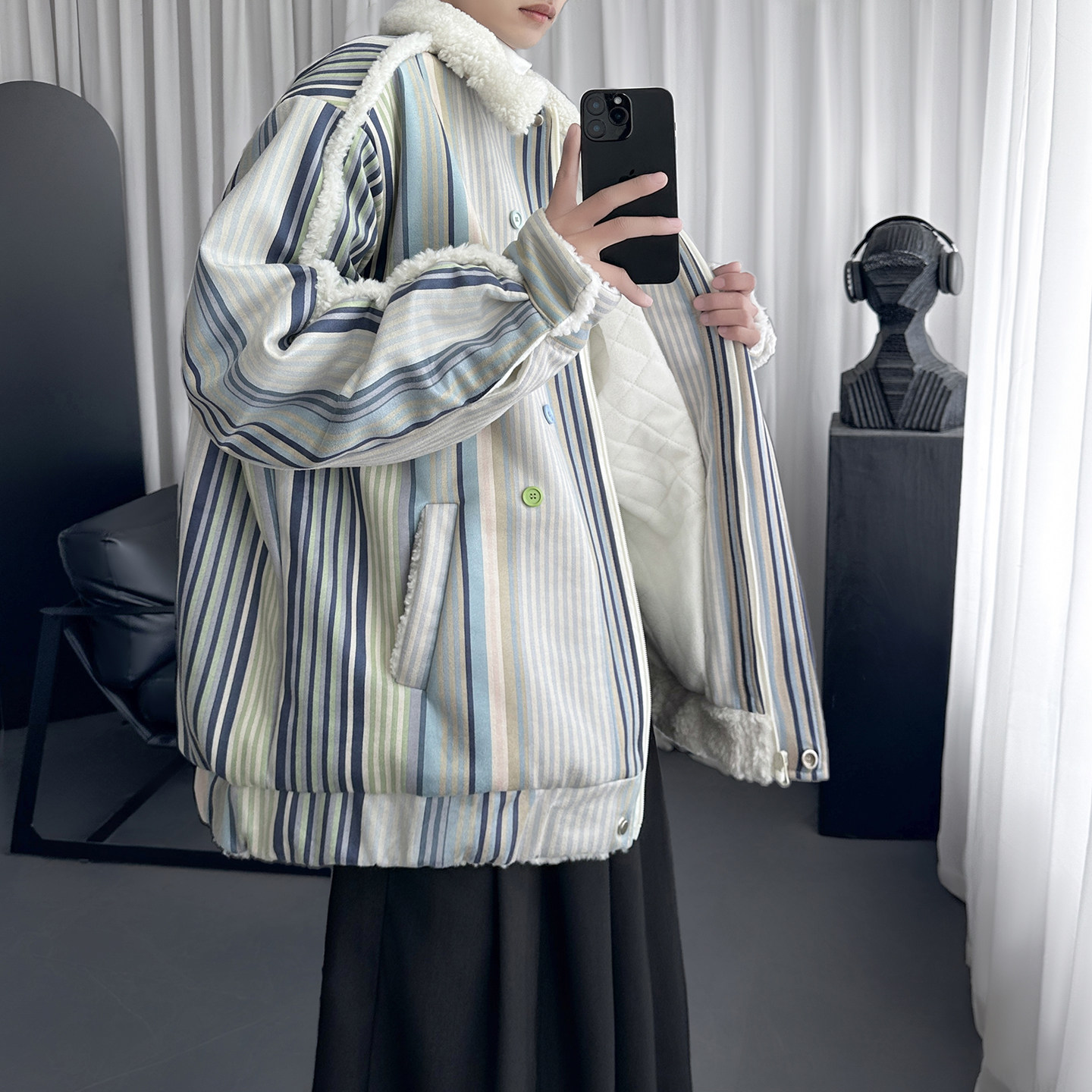 复古条纹羊羔毛棉服外套加厚宽松棒球服夹棉夹克棉衣W2311-P138,男装夹克,星座1017