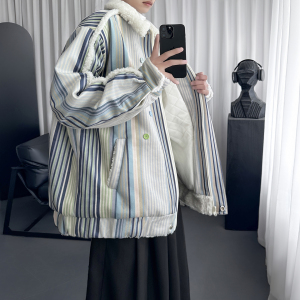 复古条纹羊羔毛棉服外套加厚宽松棒球服夹棉夹克棉衣 W2311-P138图片