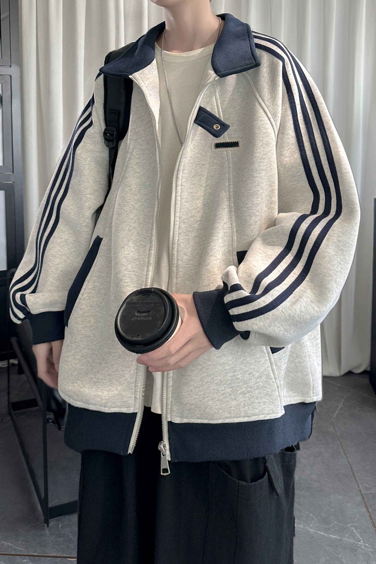 GENIOLAMODE美式开衫卫衣男士条纹高街秋季外套运动风棒球服新款,男装夹克,星座1017