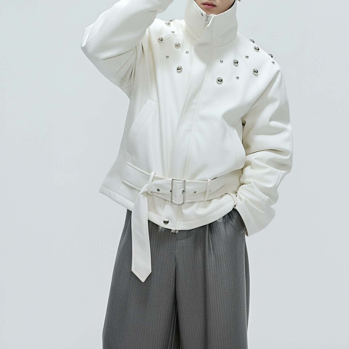 解构仿狼毛毛领加厚棉服外套冬季铆钉高领短款皮衣MY1966-P148，男装皮衣，星座1017