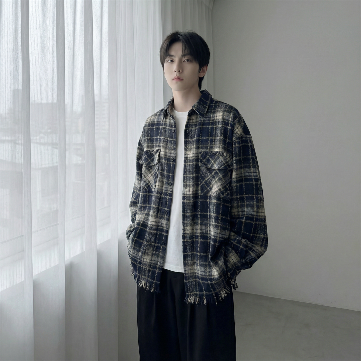 现货2026春复古美式格子长袖衬衫毛边宽松衬衣SC245-P58，男装衬衫，星座1017