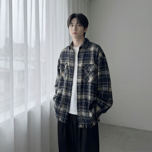 现货 2026春复古美式格子长袖衬衫毛边宽松衬衣 SC245-P58，男装衬衫，星座1017