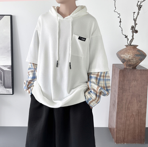 现货连帽卫衣男潮牌ins假两件拼接格子慵懒风 Y8212-P68，男装卫衣，星座1017