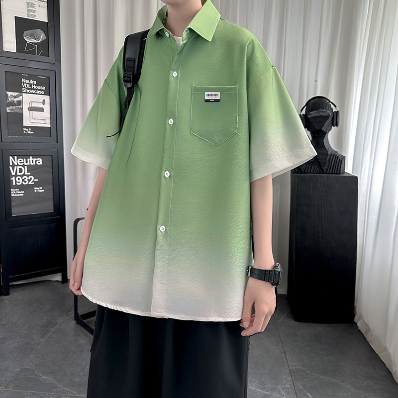 大码港风痞帅短袖水洗褶皱渐变休闲衬衫DS439-P45，男装T恤，星座1017