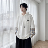 现货春季连帽卫衣男潮牌ins假两件拼接格子慵懒风W8212-P68，男装卫衣，星座1017