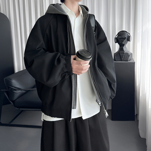 假两件撞色连帽外套男秋冬新款美式加厚上衣 J707-P100图片
