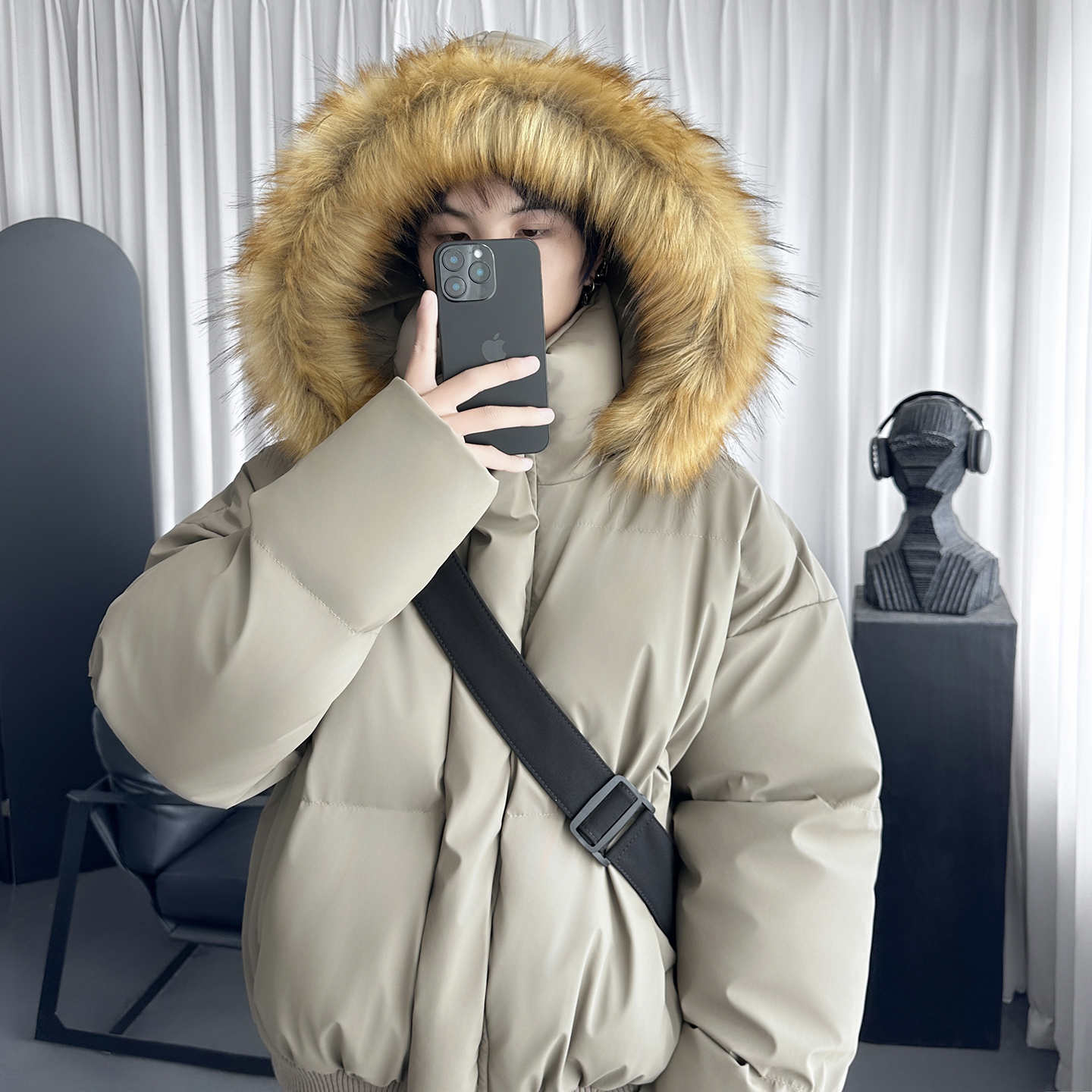 座山雕毛领pu皮派克棉服冬季短款质感连帽加厚外套M8037-P148，男装皮衣，星座1017