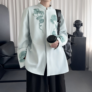 P88 SA783 国风灵芝刺绣宽松休闲立领长袖 青灰色衬衣潮牌男女