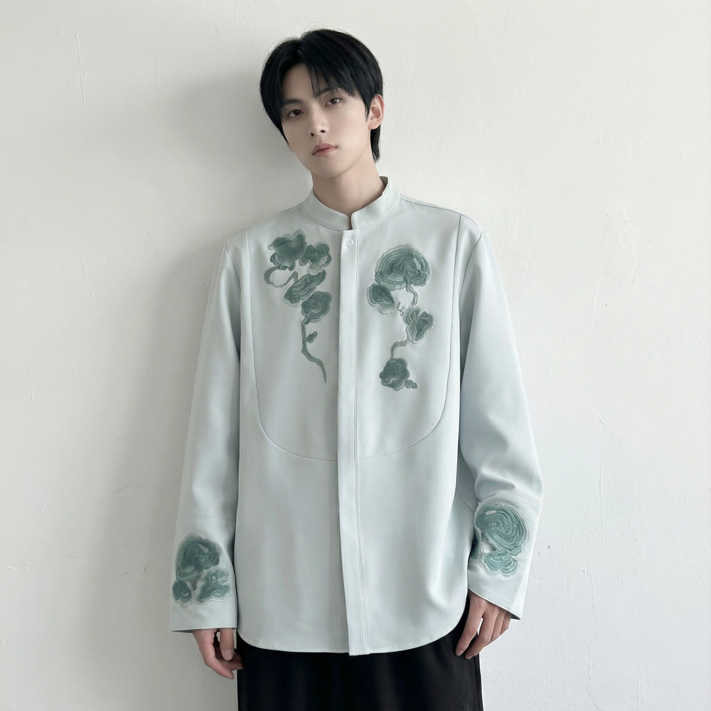 现货春款风灵芝刺绣宽松休闲立领长袖青灰色衬衣SA783-P88，男装衬衫，星座1017