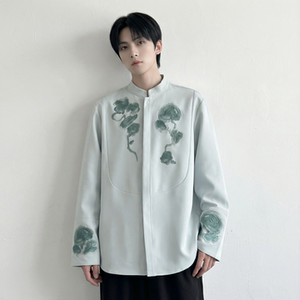 现货春款风灵芝刺绣宽松休闲立领长袖青灰色衬衣 SA783-P88图片