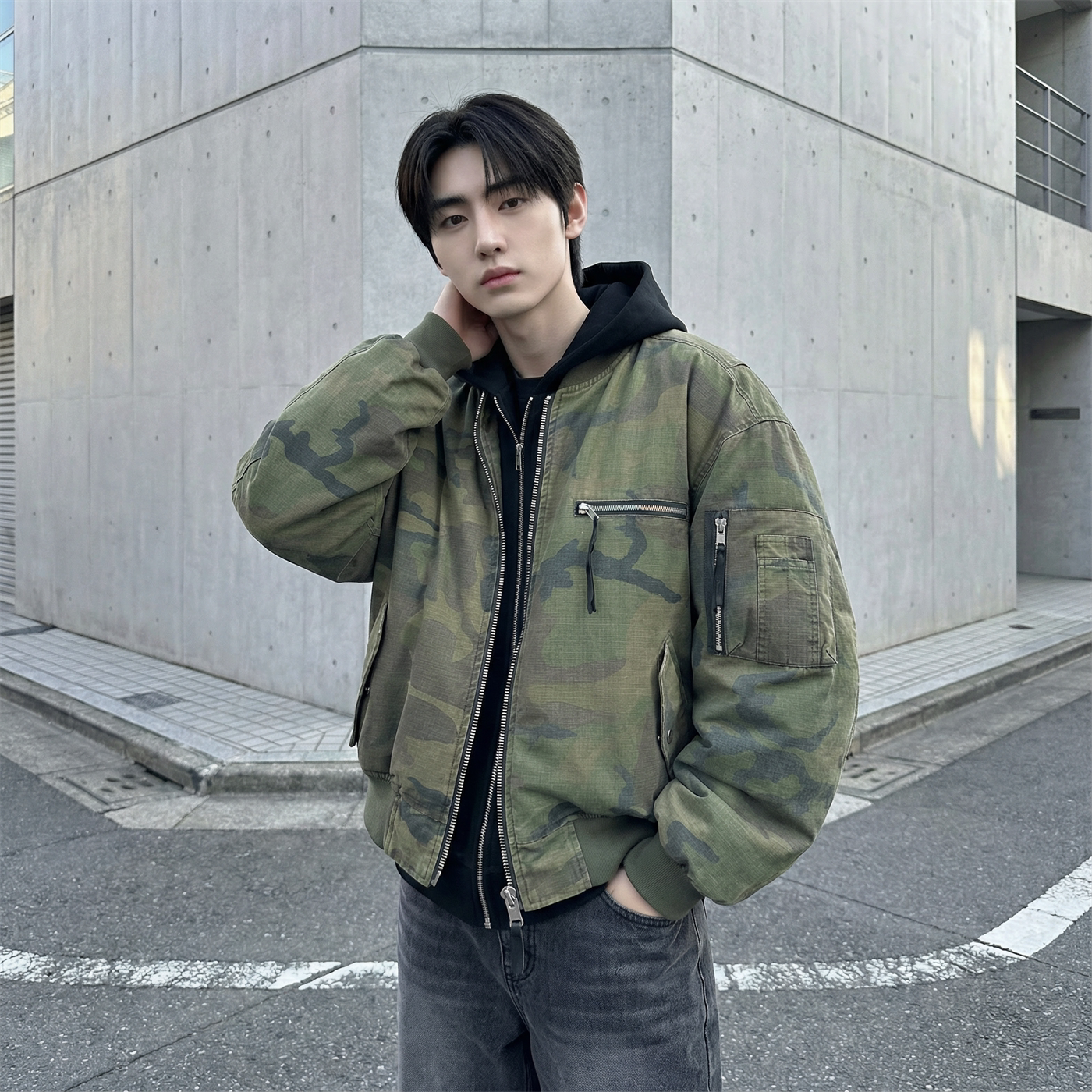 现货迷彩假两件棉服重磅水洗飞行服街头风外套M9881-P148,男装棉衣,星座1017
